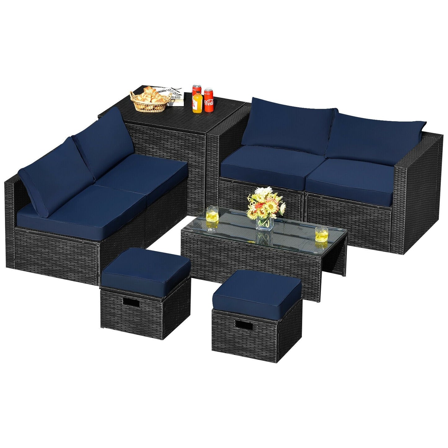 8 Pieces Patio Rattan Storage Table Furniture Set-Black