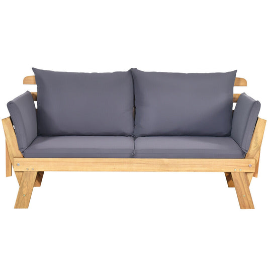 Patio Convertible Solid Wood Sofa with Cushion
