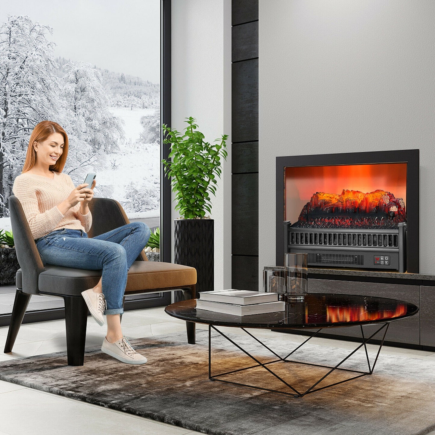 1400W Electric Fireplace Log Heater with Adjustable Flame Brightness-Black
