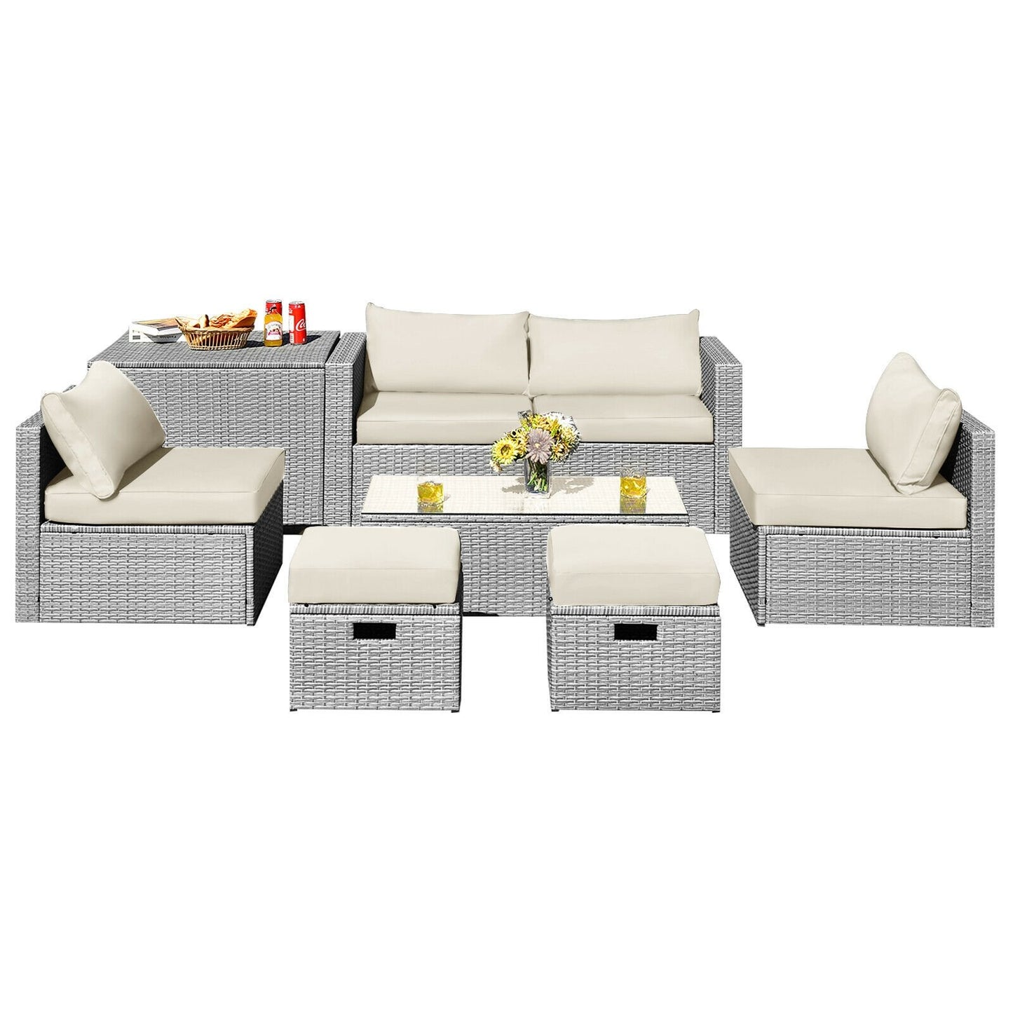 8 Pieces Patio Rattan Furniture Set with Storage Waterproof Cover and Cushion-Black