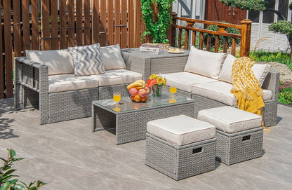 8 Pieces Patio Rattan Furniture Set with Storage Waterproof Cover and Cushion-Black
