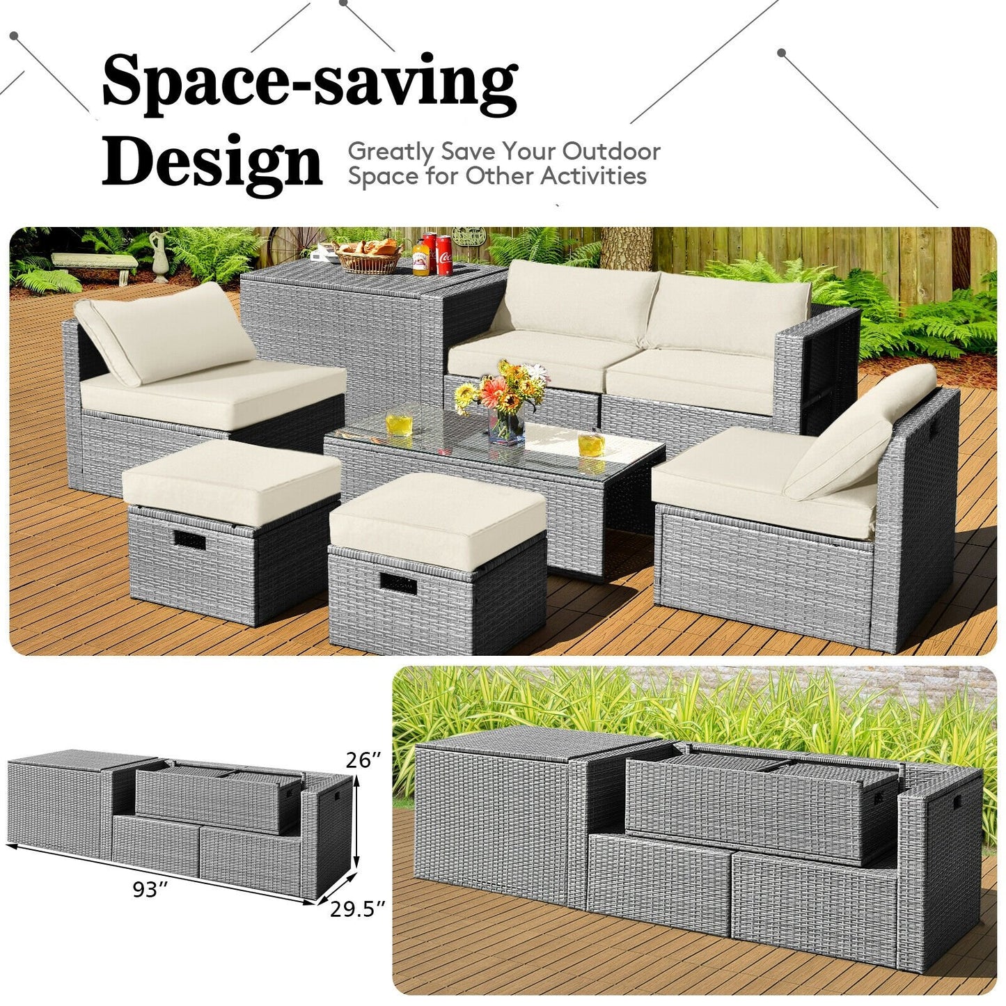 8 Pieces Patio Rattan Furniture Set with Storage Waterproof Cover and Cushion-Black