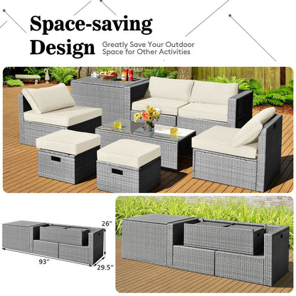 8 Pieces Patio Rattan Furniture Set with Storage Waterproof Cover and Cushion-Black