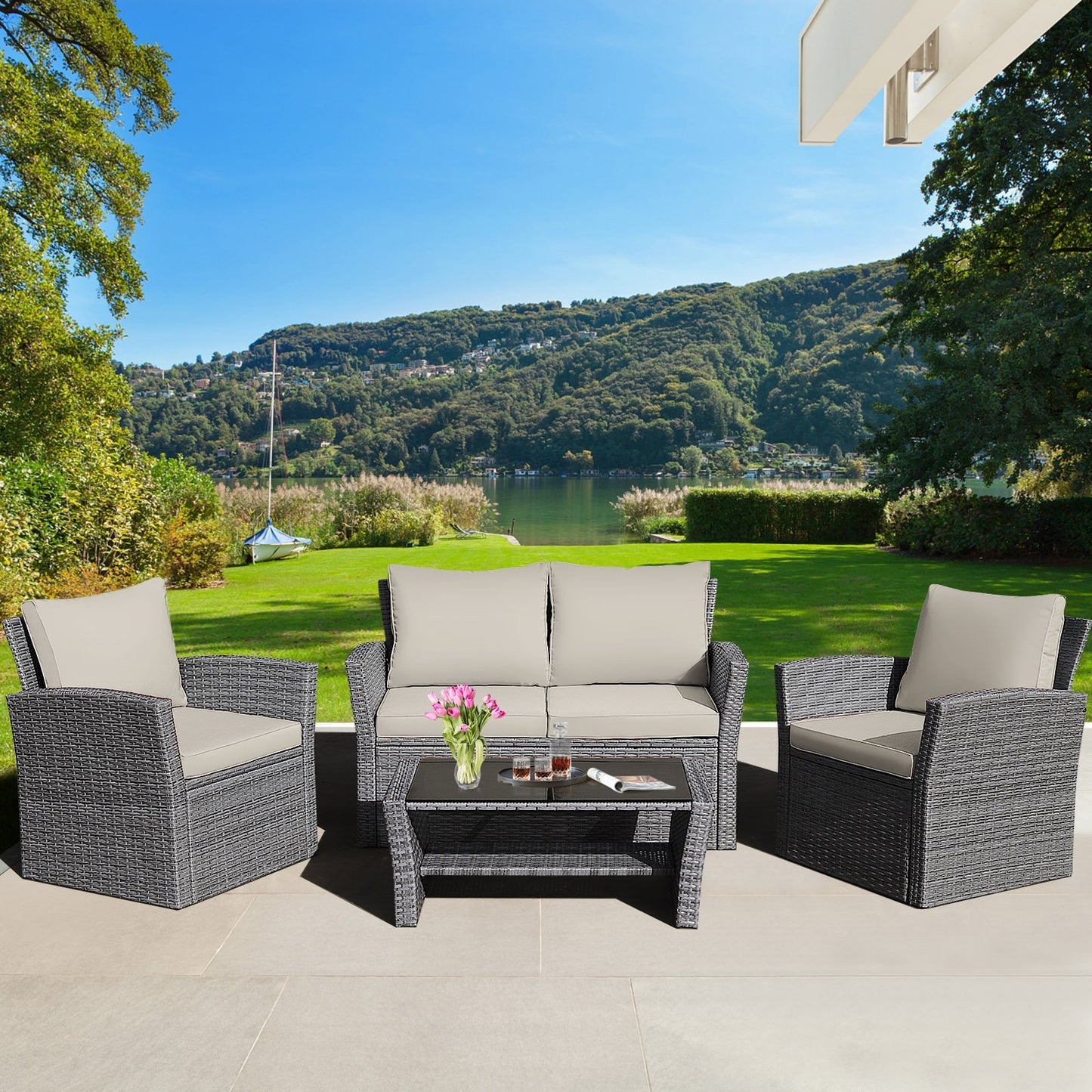 4 Pieces Patio Rattan Furniture Set Sofa Table with Storage Shelf Cushion-Beige