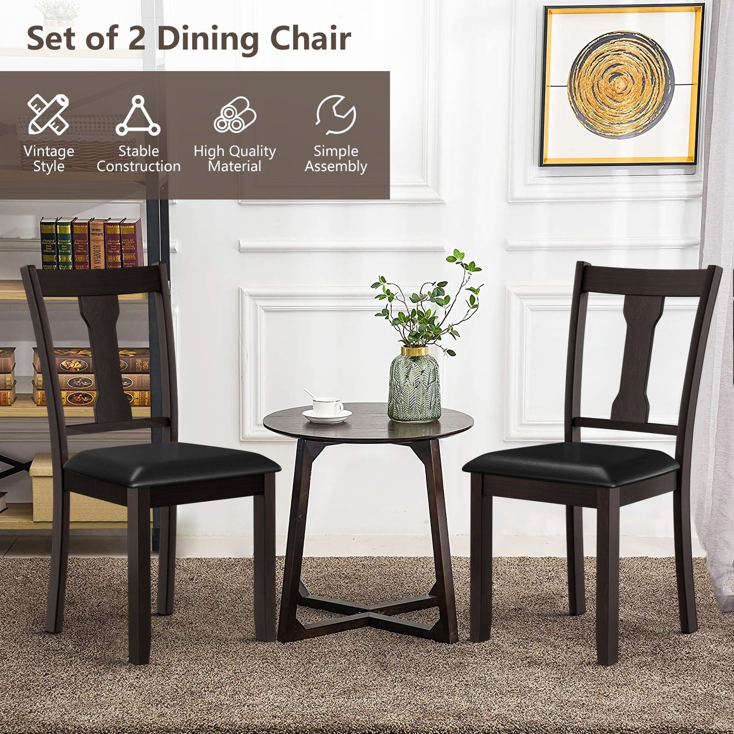 Set of 2 Dining Room Chair with Rubber Wood Frame and Upholstered Padded Seat-Black