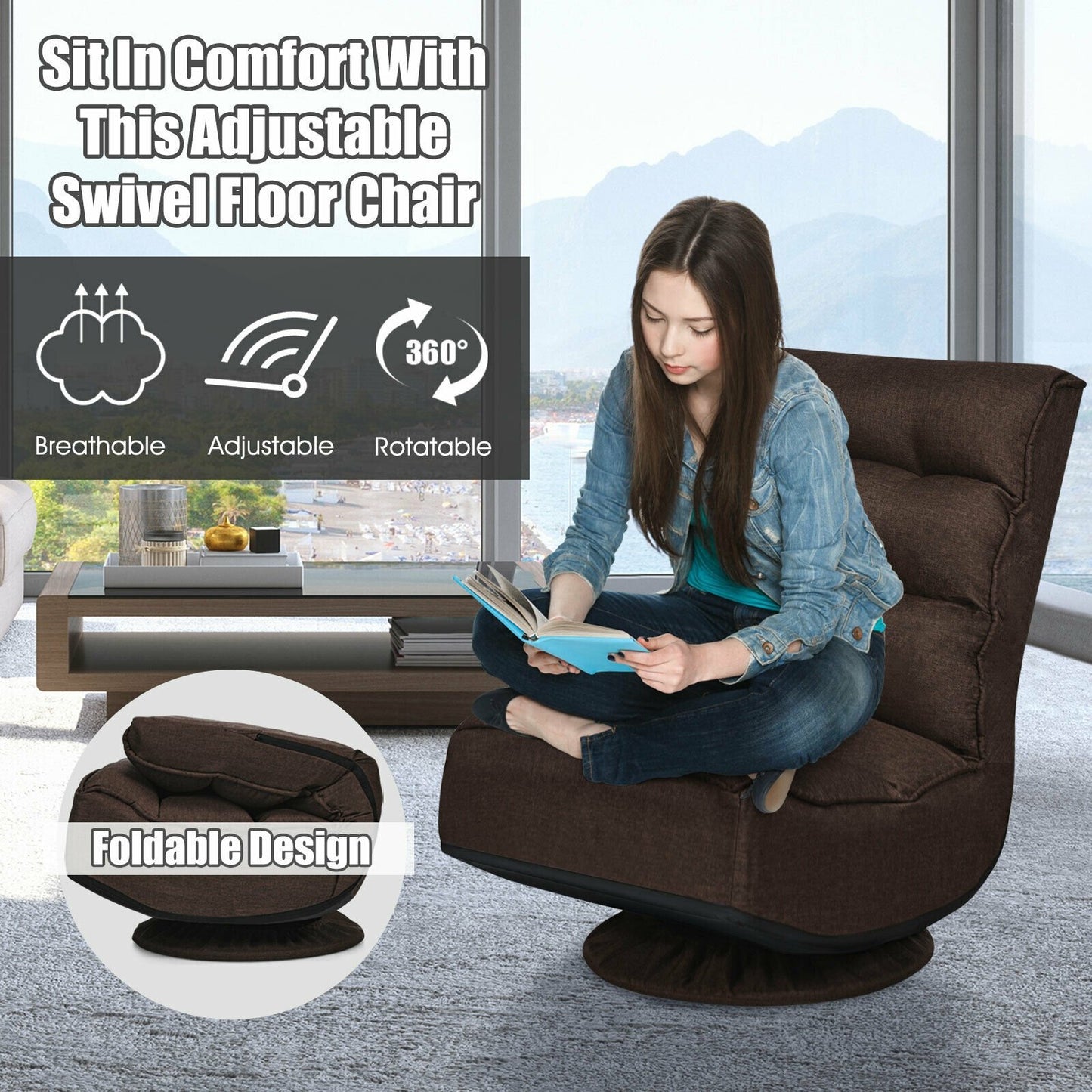 5-Position Folding Floor Gaming Chair-Black
