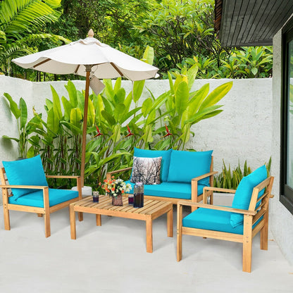 4 Pieces Outdoor Acacia Wood Chat Set with Removable Cushions and Table