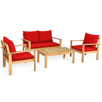 4 Pieces Outdoor Acacia Wood Chat Set with Removable Cushions and Table