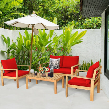 4 Pieces Outdoor Acacia Wood Chat Set with Removable Cushions and Table