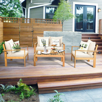 4 Pieces Outdoor Acacia Wood Chat Set with Removable Cushions and Table