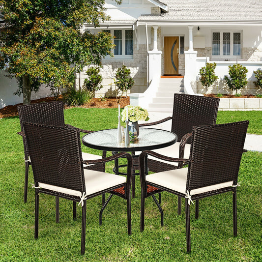 Set of 4 Patio Rattan Stackable Dining Chair with Cushioned Armrest for Garden