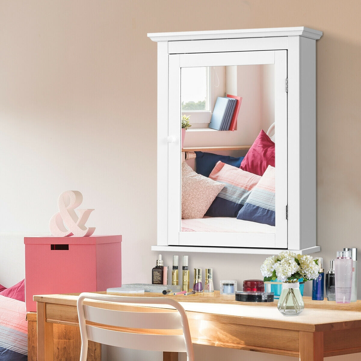 Bathroom Mirror Cabinet Wall Mounted Adjustable Shelf Medicine Storage-White