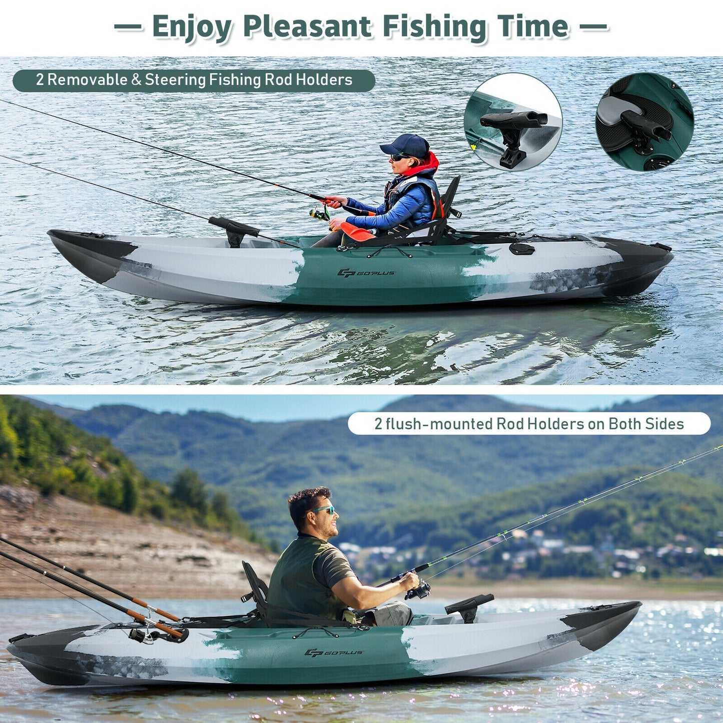 Sit-on-Top Fishing Kayak Boat With Fishing Rod Holders and Paddle-Gray