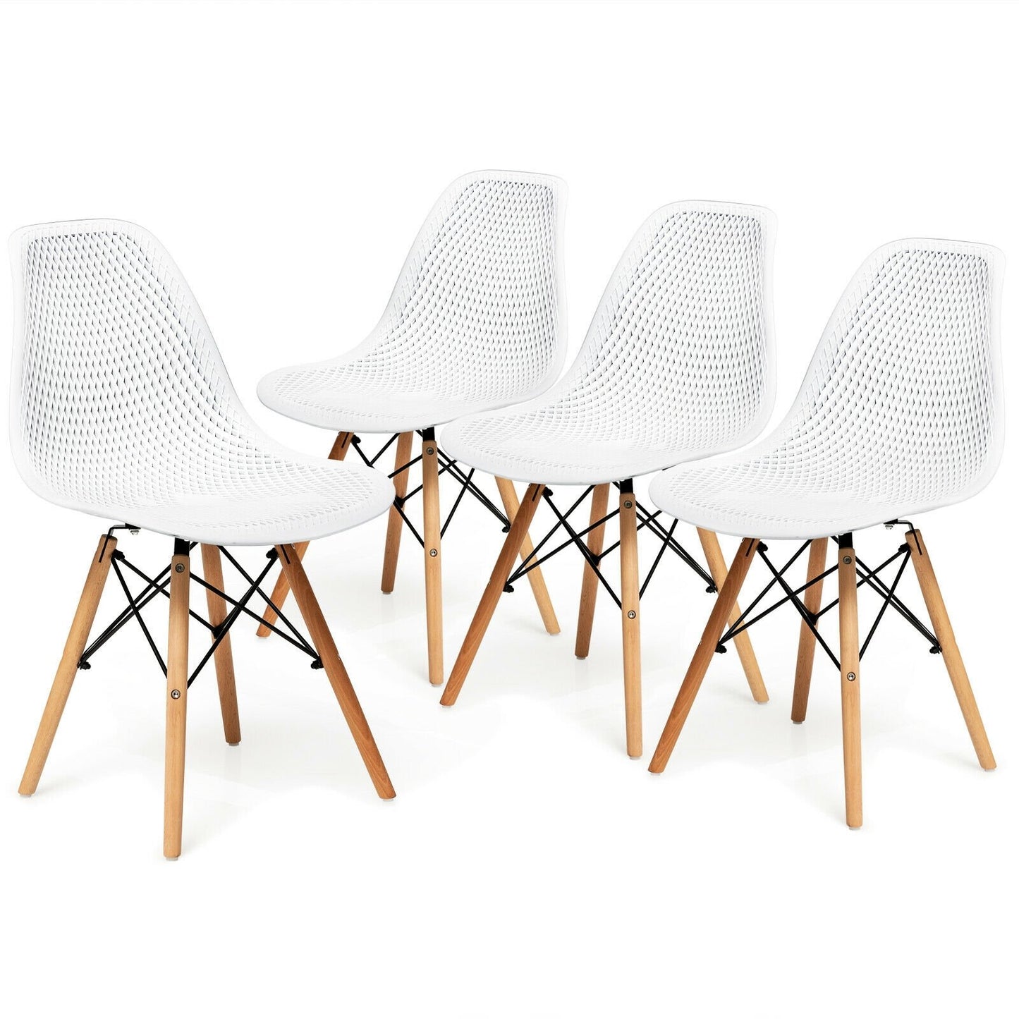 4 Pieces Modern Plastic Hollow Chair Set with Wood Leg-Black