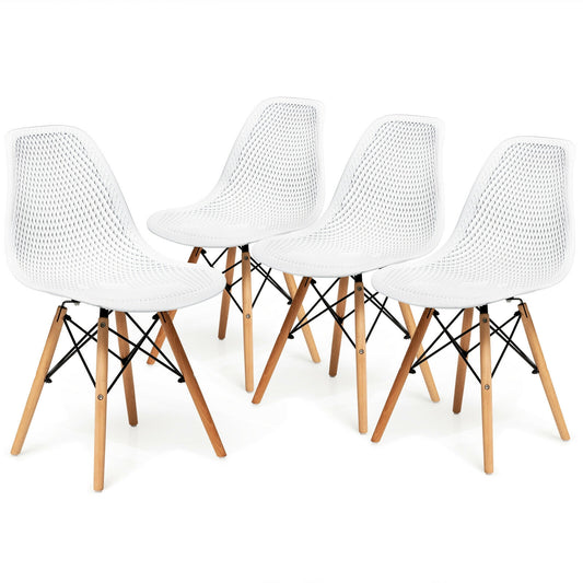 4 Pieces Modern Plastic Hollow Chair Set with Wood Leg-White