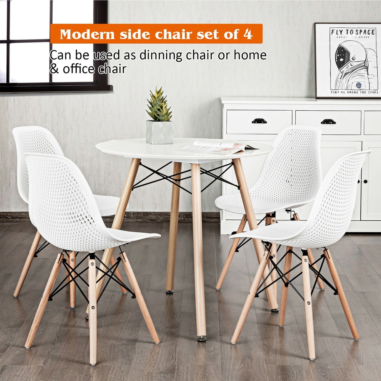 4 Pieces Modern Plastic Hollow Chair Set with Wood Leg-Black