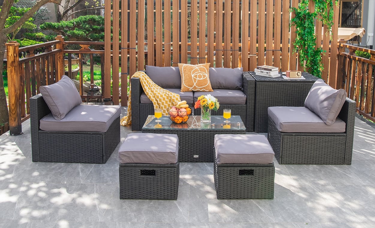 8 Pieces Patio Rattan Storage Table Furniture Set-Black