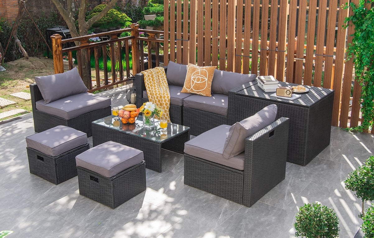 8 Pieces Patio Rattan Storage Table Furniture Set-Black