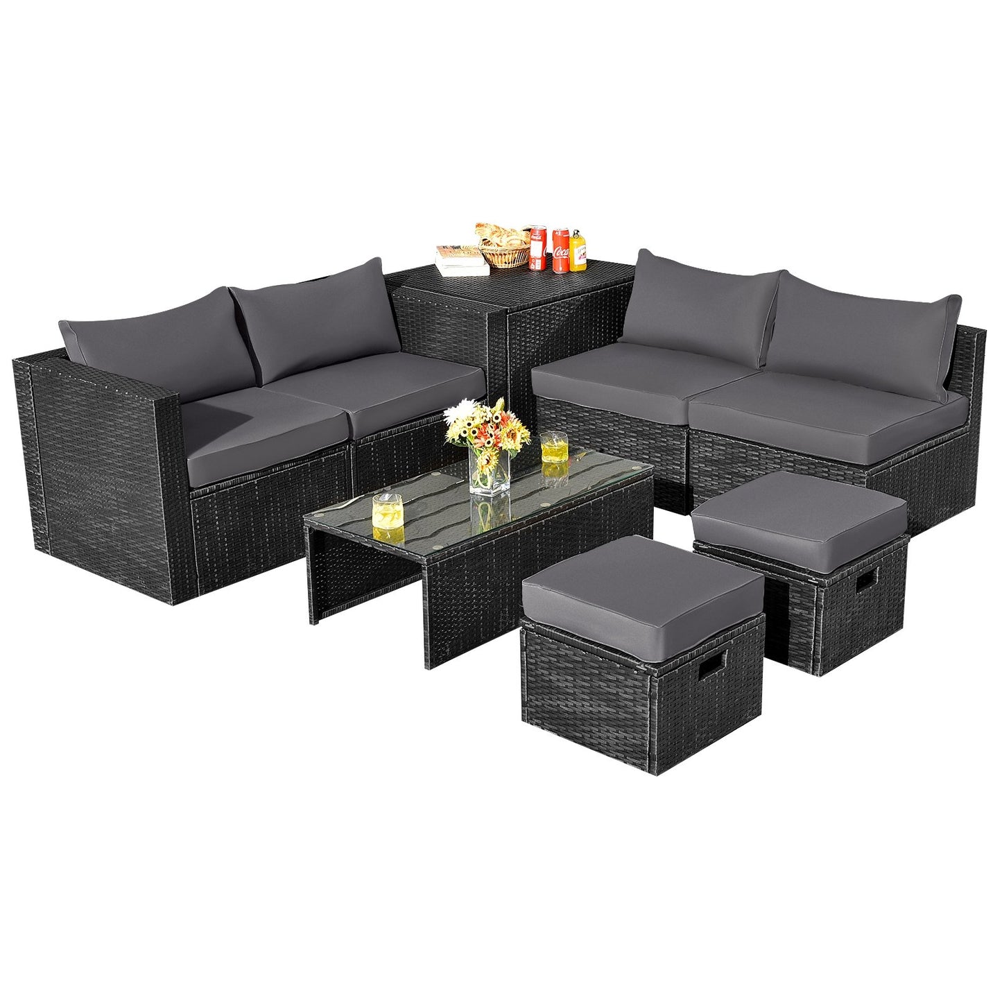8 Pieces Patio Rattan Storage Table Furniture Set-Black