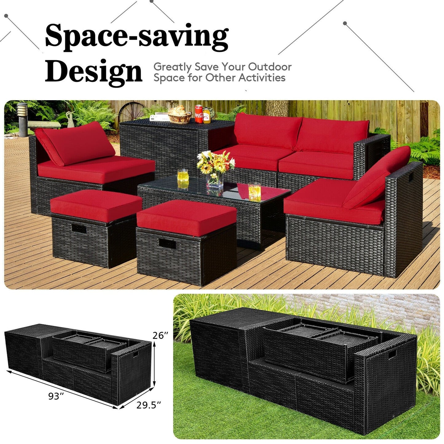 8 Pieces Patio Rattan Storage Table Furniture Set-Black