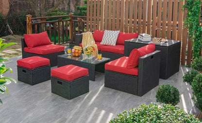 8 Pieces Patio Rattan Storage Table Furniture Set-Black
