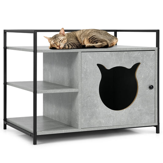 Enclosure Hidden Litter Furniture Cabinet with 2-Tier Storage Shelf-Gray