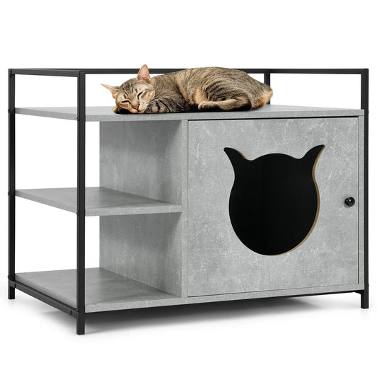 Gray cat litter enclosure furniture cabinet with 2-tier storage shelf, designed for hidden pet litter concealment.
