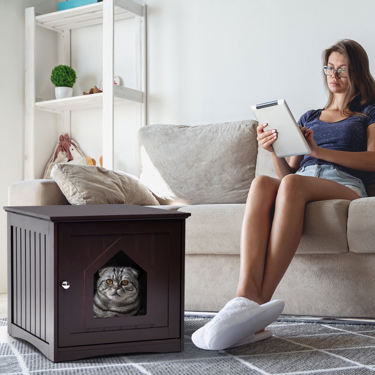 Sidetable Nightstand Weatherproof Multi-function Cat House-Black