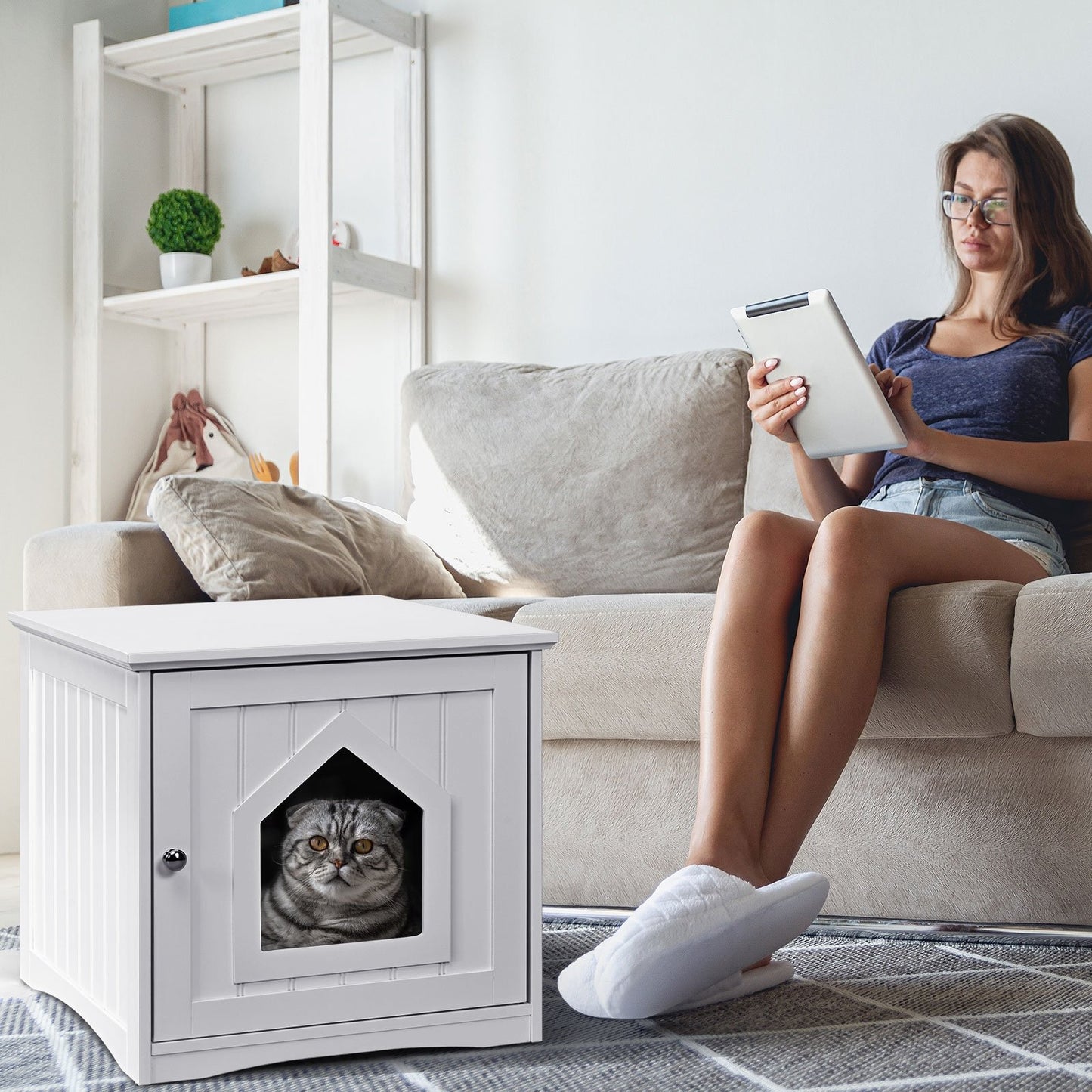 Sidetable Nightstand Weatherproof Multi-function Cat House-Black