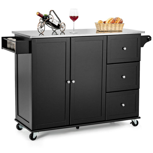 Kitchen Island 2-Door Storage Cabinet with Stainless Steel Top and Drawers-Black
