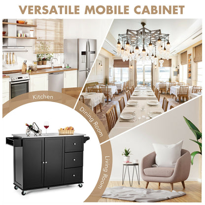 Kitchen Island 2-Door Storage Cabinet with Stainless Steel Top and Drawers-Black