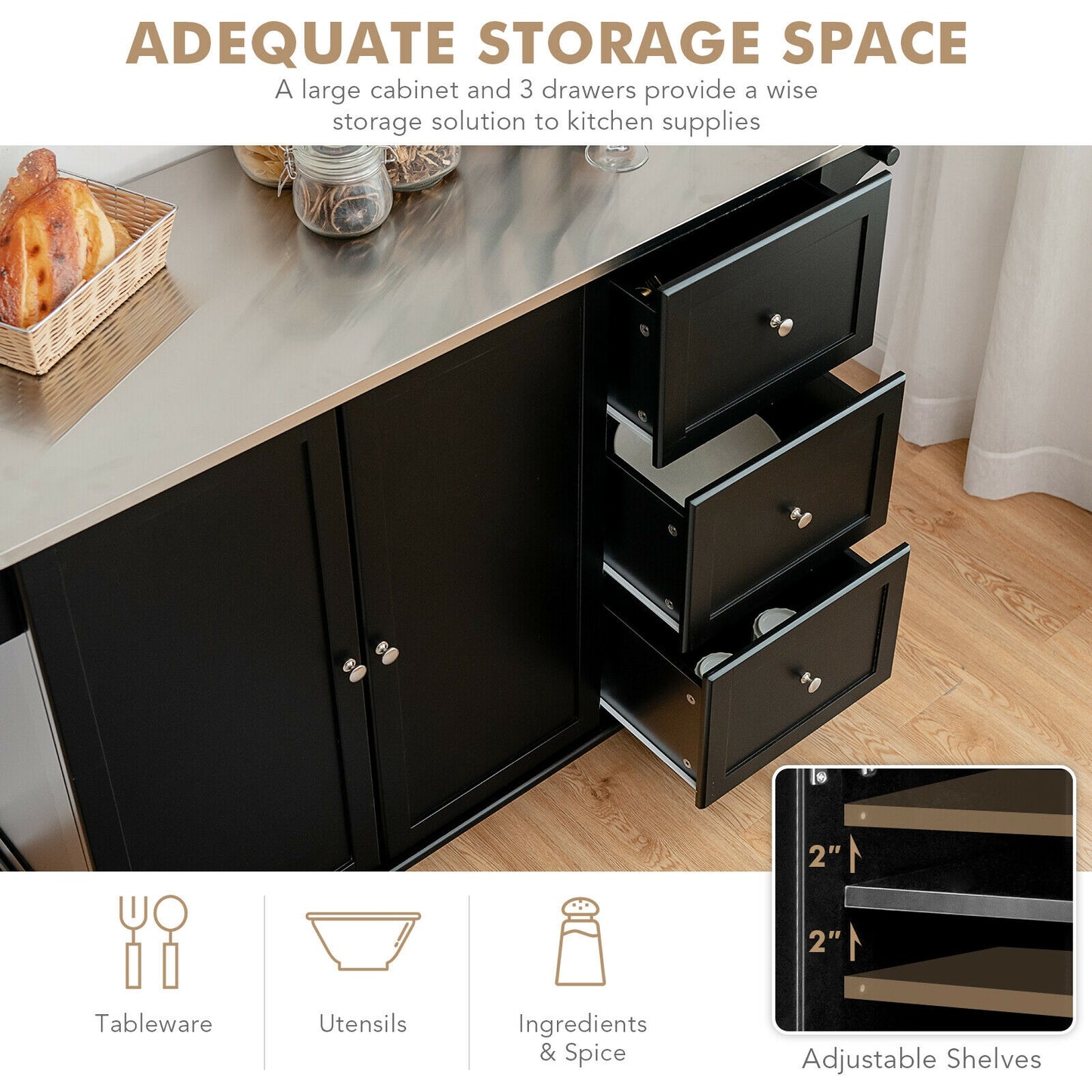 Kitchen Island 2-Door Storage Cabinet with Stainless Steel Top and Drawers-Black
