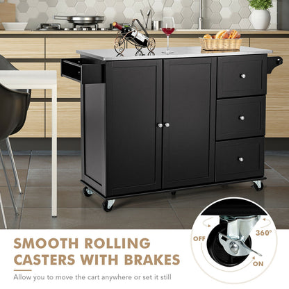 Kitchen Island 2-Door Storage Cabinet with Stainless Steel Top and Drawers-Black