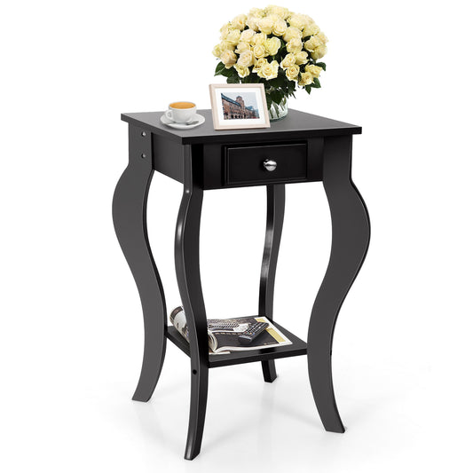 2-Tier End Table with Drawer and Shelf for Living Room Bedroom-Black