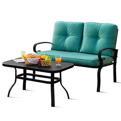 2 Pieces Patio Loveseat Bench Table Furniture Set with Cushioned Chair-Beige