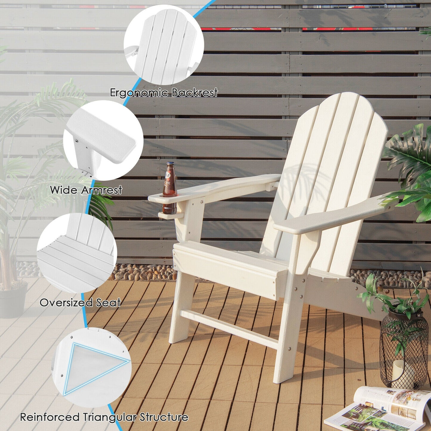 Outdoor Adirondack Chair with Built-in Cup Holder for Backyard Porch-White