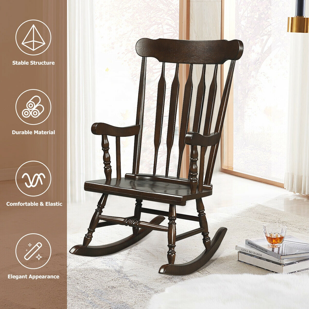 Solid Wood Porch Glossy Finish Rocking Chair-Brown