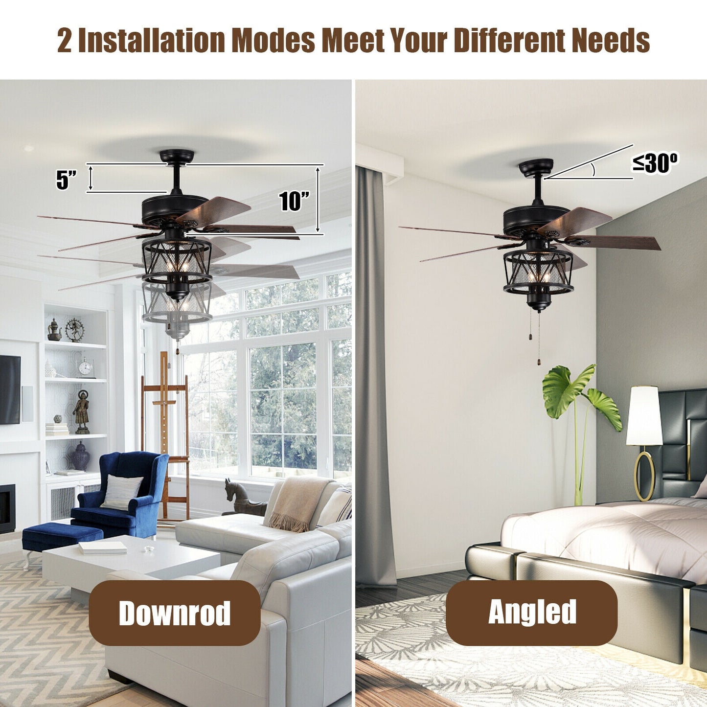 50 Inches Ceiling Fan with Lights Reversible Blades and Pull Chain Control-Black