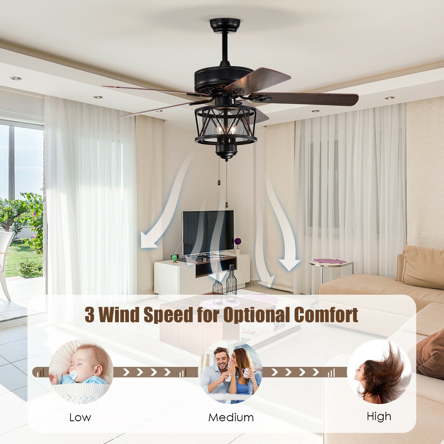 50 Inches Ceiling Fan with Lights Reversible Blades and Pull Chain Control-Black