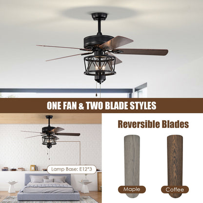 50 Inches Ceiling Fan with Lights Reversible Blades and Pull Chain Control-Black