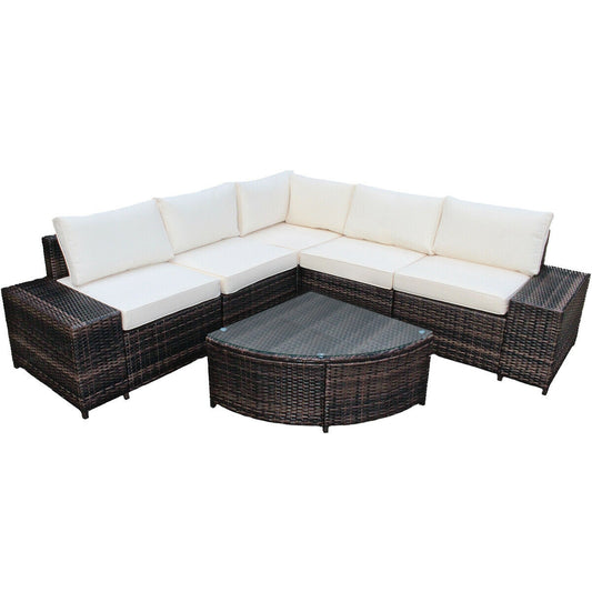 6 Pieces Rattan Furniture Cushioned Sofa Set-White