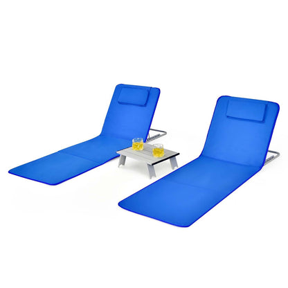 3 Pieces Beach Lounge Chair Mat Set 2 Adjustable Lounge Chairs with Table Stripe-Blue