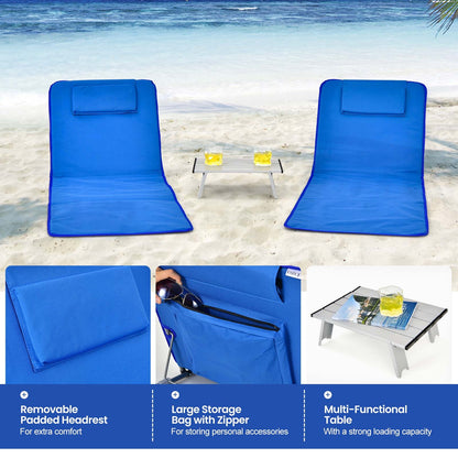 3 Pieces Beach Lounge Chair Mat Set 2 Adjustable Lounge Chairs with Table Stripe-Blue