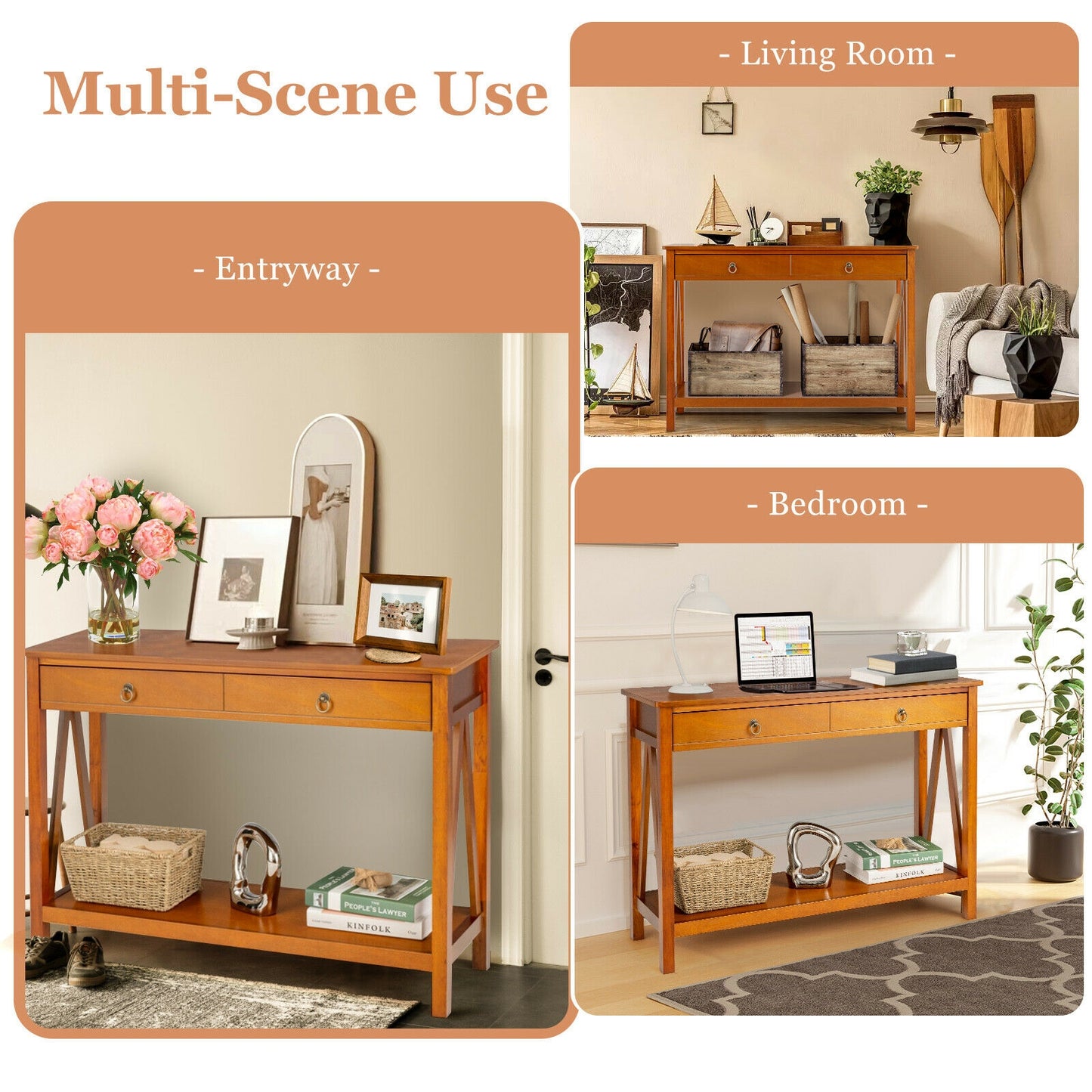 Console Table with 2 Drawer Storage Shelf for Entryway Hallway-Natural