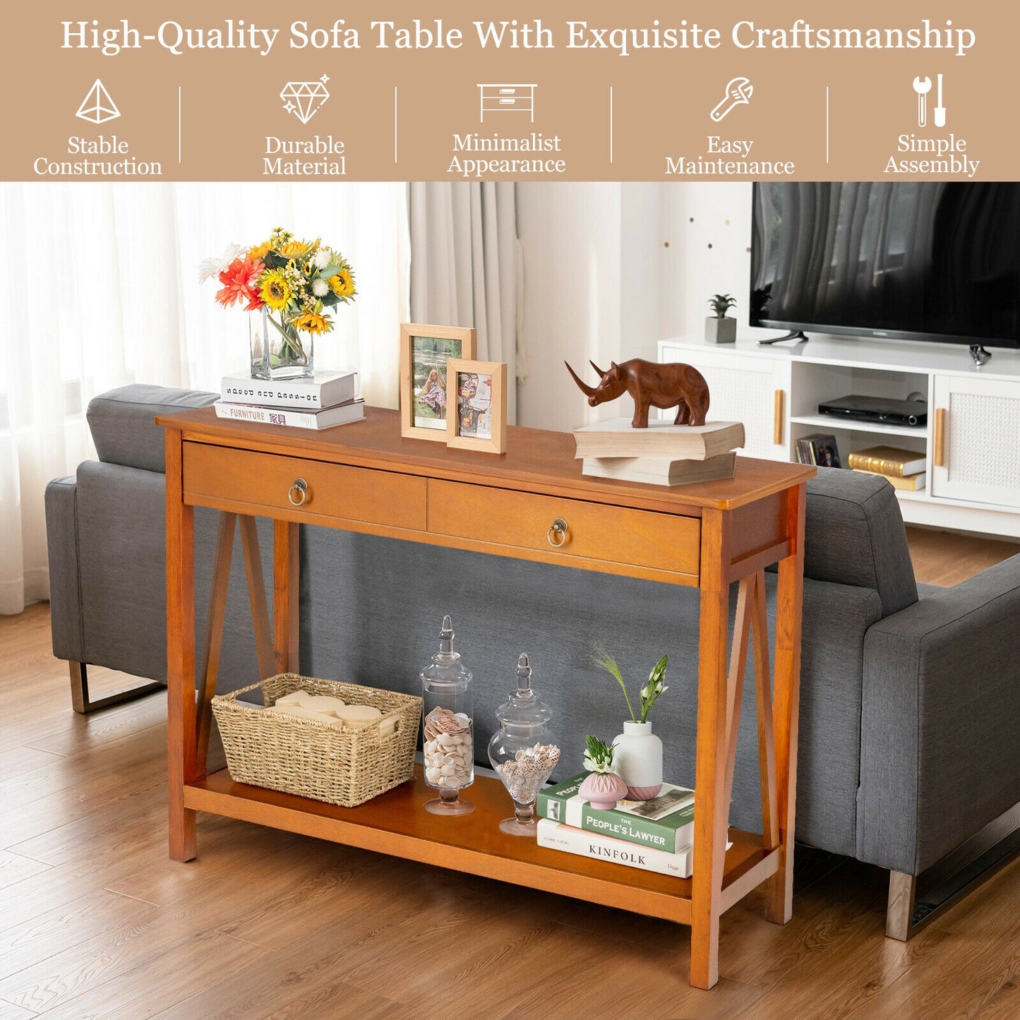 Console Table with 2 Drawer Storage Shelf for Entryway Hallway-Natural