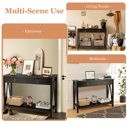 Console Table with 2 Drawer Storage Shelf for Entryway Hallway-Black
