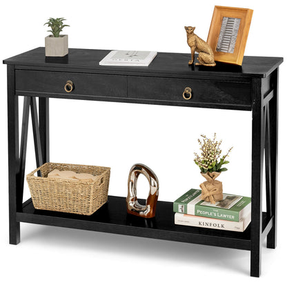 Console Table with 2 Drawer Storage Shelf for Entryway Hallway-Black