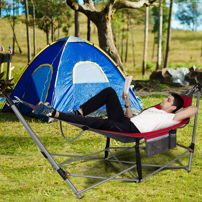 Folding Hammock Indoor Outdoor Hammock with Side Pocket and Iron Stand-Black