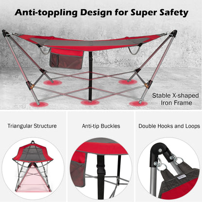 Folding Hammock Indoor Outdoor Hammock with Side Pocket and Iron Stand-Red