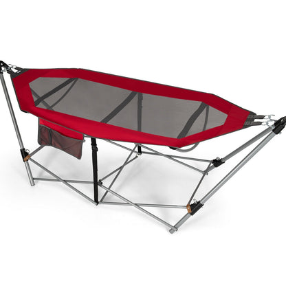 Folding Hammock Indoor Outdoor Hammock with Side Pocket and Iron Stand-Red